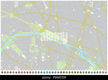 Parigi mappa della città con il pin dei puntatori e icone di infrastruttura. Illustrazione Vettoriale