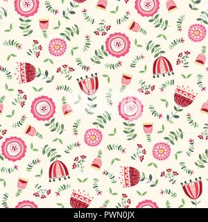 Folk fiori luminosi su sfondo Ecru Vector Seamless Pattern. Bold floreali. Hand-Drawn semplicistico blumi. Tradizionale Flora ornamentali. Allover Dood Illustrazione Vettoriale