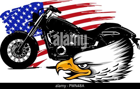 Illustrazione vettoriale di un motociclo con la testa dell'aquila e bandiera americana Illustrazione Vettoriale