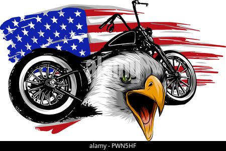 Illustrazione vettoriale di un motociclo con la testa dell'aquila e bandiera americana Illustrazione Vettoriale
