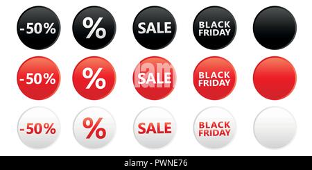 Set di round venerdì nero vendita tag per la promozione in rosso colori bianco e nero illustrazione vettoriale EPS10 Illustrazione Vettoriale