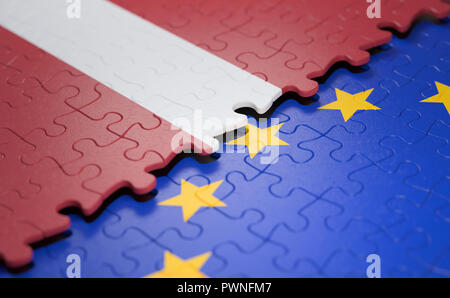 Bandiera della Lettonia e l'Unione europea sotto forma di pezzi di un puzzle nel concetto di politica e unione economica. Foto Stock