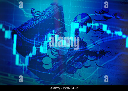 Stock Car sullo schermo del computer su treatsure torace e mappa collage Foto Stock