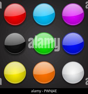 Vetro colorato 3d i pulsanti. Round icone su sfondo nero Illustrazione Vettoriale