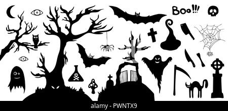 Set di silhouette immagini horror di Halloween. Bianco e nero forme cartoon sul tema Halloween. Isolato su sfondo bianco. Collezione di design Illustrazione Vettoriale