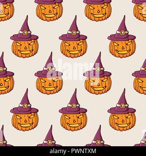 Zucche di Halloween nel cappello di colore modello senza giunture. Disegnata a mano doodle cartoon elementi della festa di Halloween. Vettore illustrazione colorata. Illustrazione Vettoriale