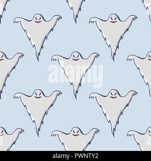 Fantasmi seamless pattern. Disegnata a mano doodle cartoon elementi della festa di Halloween. Vettore illustrazione colorata. Illustrazione Vettoriale