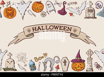 Colore forme cartoon sul tema Halloween. Seamless pattern di confine. Nastro con testo. Celebrazione dello sfondo con la zucca, scull, spider, cappello, cat, tomba Illustrazione Vettoriale