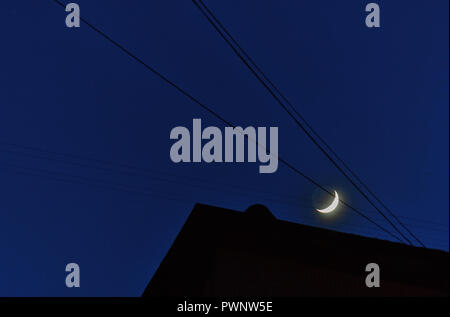 Paesaggio, giovani, crescendo, luna calante in blu scuro cielo notturno con fili sopra i tetti della città. Foto Stock