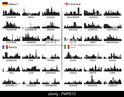 Città ​​skyline paesi europei insieme di sagome di città europee Illustrazione Vettoriale