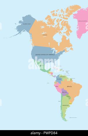 Colorata mappa politico del Nord e Sud America e dettagliata illustrazione vettoriale Illustrazione Vettoriale