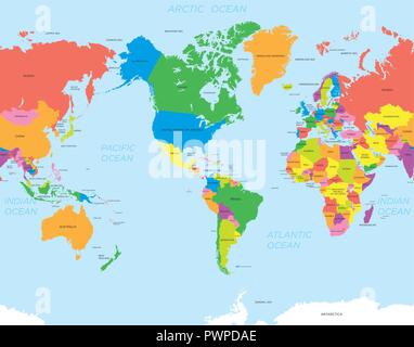 Colorata mappa politica del mondo vettore American mappa Mondo Illustrazione Vettoriale