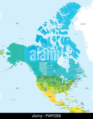 Mappa dei colori di Stati Uniti e Canada dettagliata illustrazione vettoriale Illustrazione Vettoriale