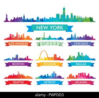 Skyline della città d'America colorata illustrazione vettoriale grande set di vettore silhouette della città Illustrazione Vettoriale