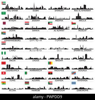 Skyline della città della penisola arabica e Africa grande set di vettore silhouette della città Illustrazione Vettoriale