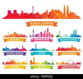 Colorato skyline della città asiatiche grande set di vettore silhouette della città Illustrazione Vettoriale