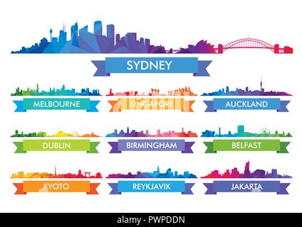 Colorato skyline сity Australia e il paese dell'Isola Grande set di vettore silhouette della città Illustrazione Vettoriale