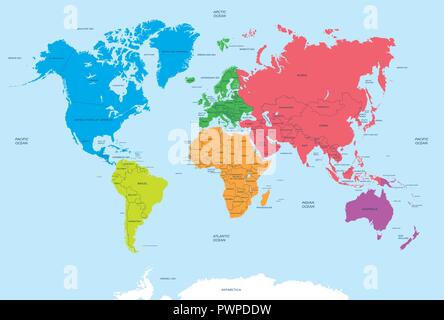 Continenti del mondo politico e mappa illustrazione vettoriale per il tuo design Illustrazione Vettoriale