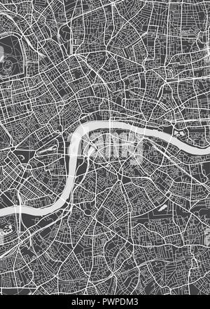 London city plan, dettagliata mappa vettoriale piano particolareggiato della città, fiumi e strade Illustrazione Vettoriale