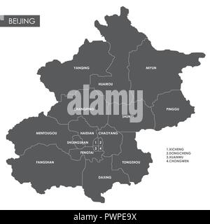 Mappa vettoriale del distretto di Pechino piano particolareggiato della città, distretti e quartieri Illustrazione Vettoriale