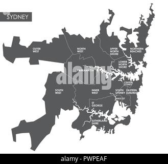 Mappa vettoriale quartiere di Sydney piano particolareggiato della città, distretti e quartieri Illustrazione Vettoriale