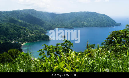 Vista globale sull'uomo di guerra bay, Charlotteville, Tobago Trinidad e Tobago, West Indies, Sud America Foto Stock