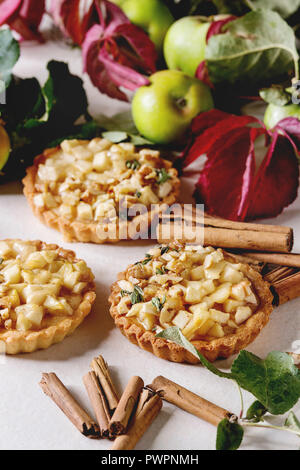 Dolci fatti in casa apple frollini canapes con bastoncini di cannella, noci Mele rosse foglie rami sopra su marmo bianco tavola. In autunno la cottura. Foto Stock