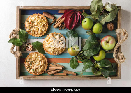 Dolci fatti in casa apple frollini canapes con bastoncini di cannella, noci Mele rami in legno colorato il vassoio su marmo bianco dello sfondo. Autunno bak Foto Stock