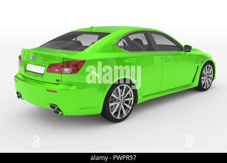 Auto isolato su bianco - vernice verde, vetro trasparente - Vista laterale destra - 3d rendering Foto Stock