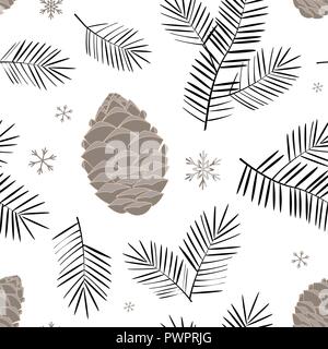 Vector seamless pattern con disegnati a mano rami di pino e coni. Illustrazione Vettoriale