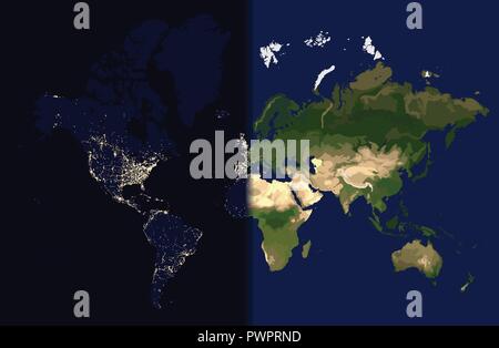 Giorno in oriente, notte in Occidente, mappa Mondo illustrazione vettoriale modello per il tuo design Illustrazione Vettoriale