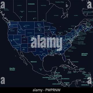 Mappa dettagliata degli STATI UNITI D'AMERICA, futuristico modello di stile per il tuo design Illustrazione Vettoriale