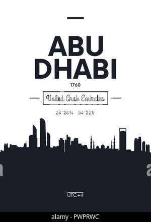 Poster dello skyline della città di Abu Dhabi, di tipo piatto illustrazione vettoriale decorazione di interni design Illustrazione Vettoriale