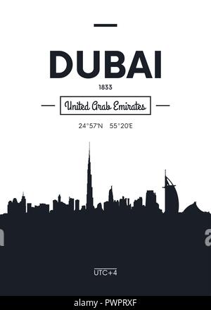 Poster dello skyline della città di Dubai, in stile appartamento illustrazione vettoriale decorazione di interni design Illustrazione Vettoriale