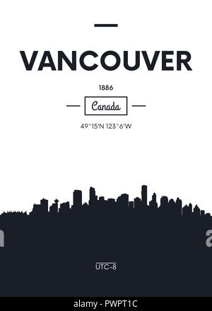 Poster dello skyline della città di Vancouver, stile piatto illustrazione vettoriale decorazione di interni design Illustrazione Vettoriale