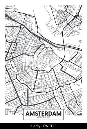 Poster del vettore mappa city Amsterdam piano particolareggiato della città, fiumi e strade Illustrazione Vettoriale