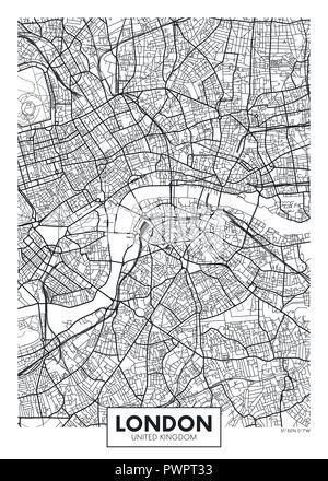 Poster del vettore mappa city London piano particolareggiato della città, fiumi e strade Illustrazione Vettoriale