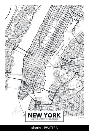 Poster del vettore mappa city New York piano particolareggiato della città, fiumi e strade Illustrazione Vettoriale