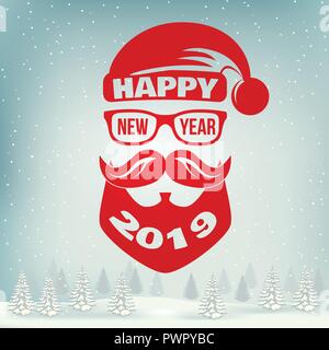 Felice anno nuovo timbro, adesivi con Babbo Natale. Illustrazione Vettoriale. Vintage design tipografiche per Natale e Anno nuovo emblema in stile retrò. 2019 Felice Anno Nuovo overlay. Illustrazione Vettoriale