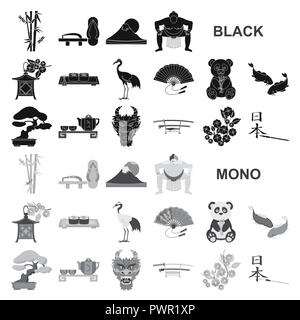Paese Giappone icone nere in set di raccolta per design.Il Giappone e landmark simbolo vettore illustrazione stock. Illustrazione Vettoriale