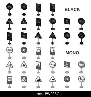 Diversi tipi di cartelli stradali icone nere in set di raccolta per il design. Avvertenza e cartelli di divieto simbolo vettore illustrazione stock. Illustrazione Vettoriale