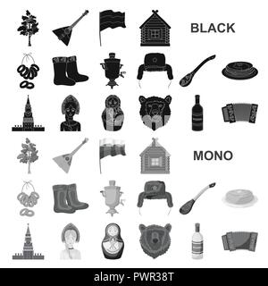 Paese Russia, viaggi icone nere in set di raccolta per il design. Attrazioni e caratteristiche simbolo vettore illustrazione stock. Illustrazione Vettoriale