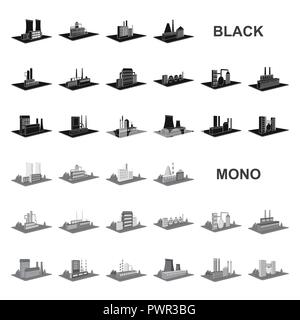 Fabbrica e impianto icone nere in set di raccolta per il design. Produzione e enterprise vettore simbolo isometrica stock illustrazione. Illustrazione Vettoriale