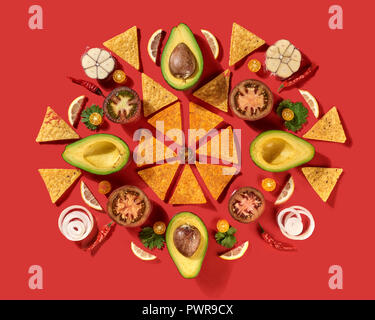 Mais messicano nachos chips, avocado, limone, aglio, pomodoro, cipolla e prezzemolo verde come rotondi - ingredienti per il pomodoro salsa chili su uno sfondo di colore rosso. Vista dall'alto. Foto Stock