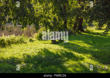 Lonely banco nella luce morbida sul lago circondato da alberi. Foto Stock