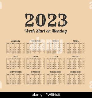 2023 anno di calendario retrò. Settimane iniziano di Lunedì Illustrazione Vettoriale