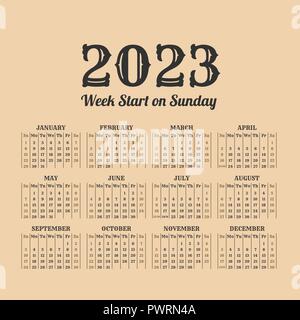 2023 anno di calendario retrò. Settimane inizio Domenica Illustrazione Vettoriale