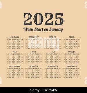 2025 anno di calendario retrò. Settimane inizio Domenica Illustrazione Vettoriale