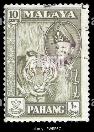 Con timbro postale timbro dall'Malay federale membri in Tiger (Panthera tigris) serie emesse nel 1960 Foto Stock