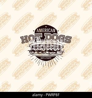 American hot dogs logo sul modello senza giunture di fast food, illustrazione vettoriale modello per il tuo logo design Illustrazione Vettoriale